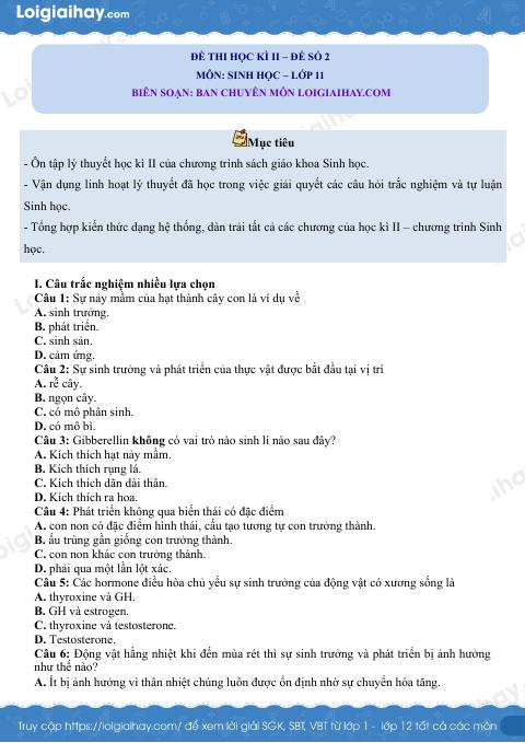 Đề thi học kì 2 Sinh 11 Chân trời sáng tạo - Đề số 2